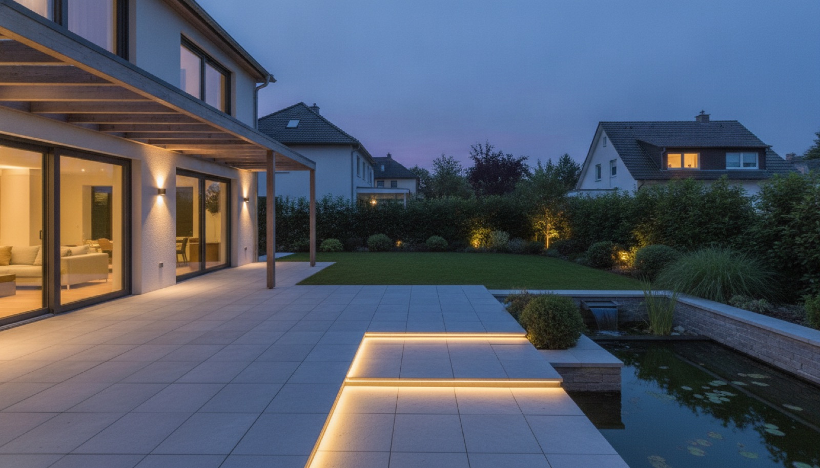 Terrasse und Garten mit indirekter Außenbeleuchtung
