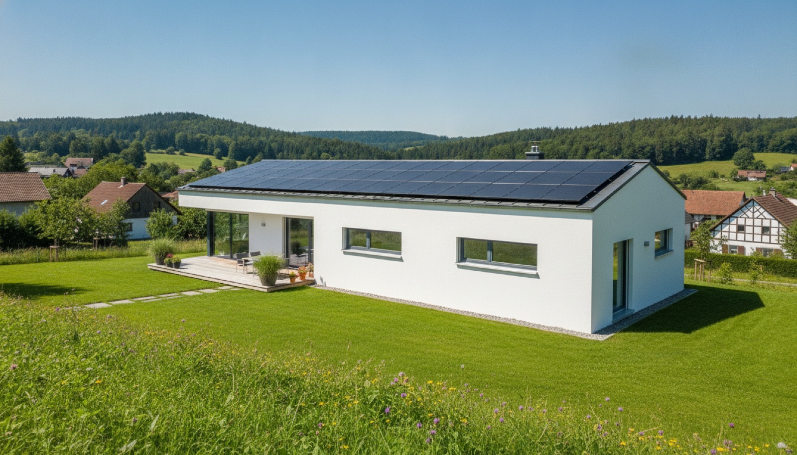 Weißes Einfamilienhaus mit Photovoltaikanlage auf dem Dach unter blauem Himmel