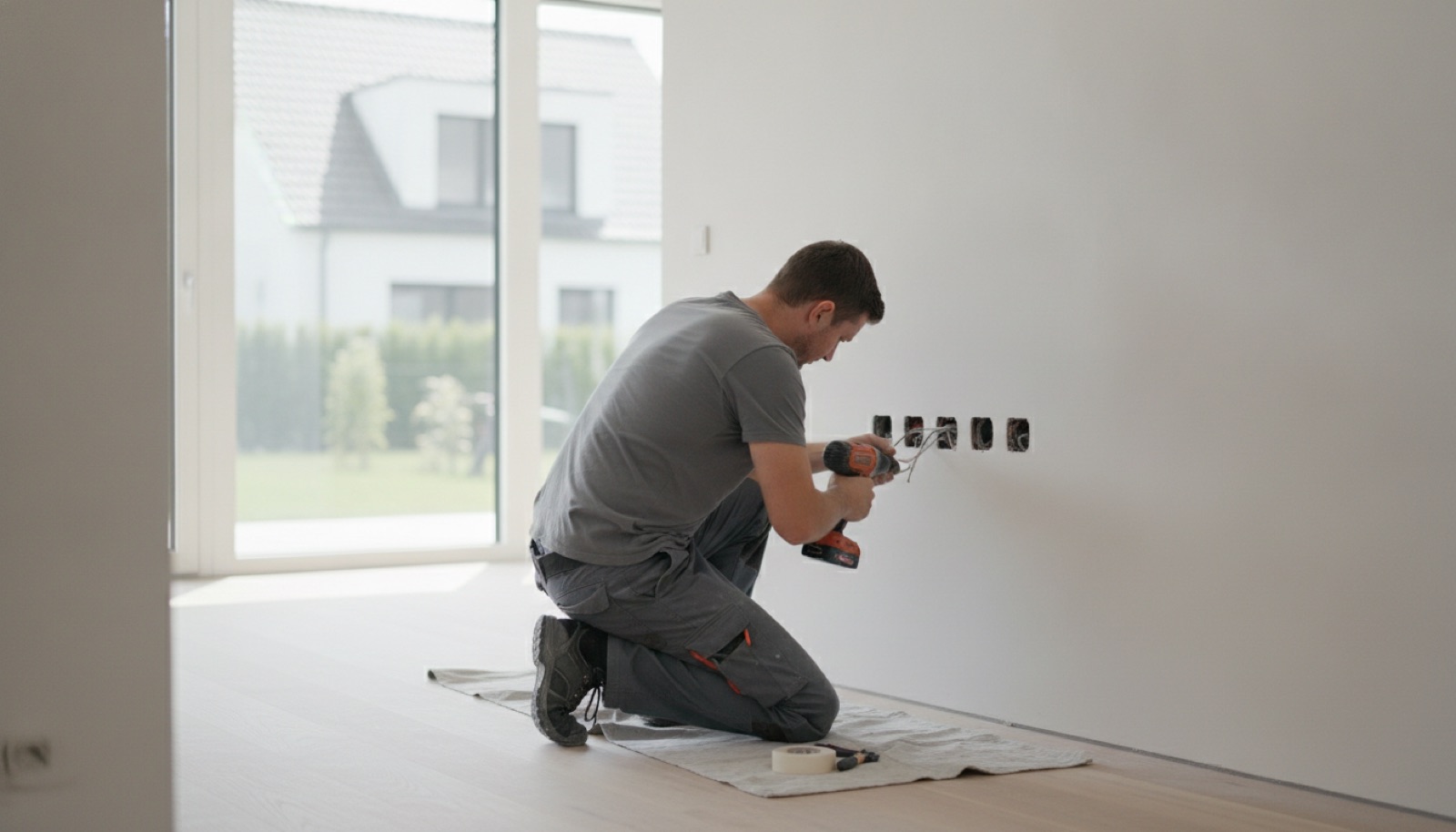 Elektriker setzt Steckdosen in einem hellen Neubau