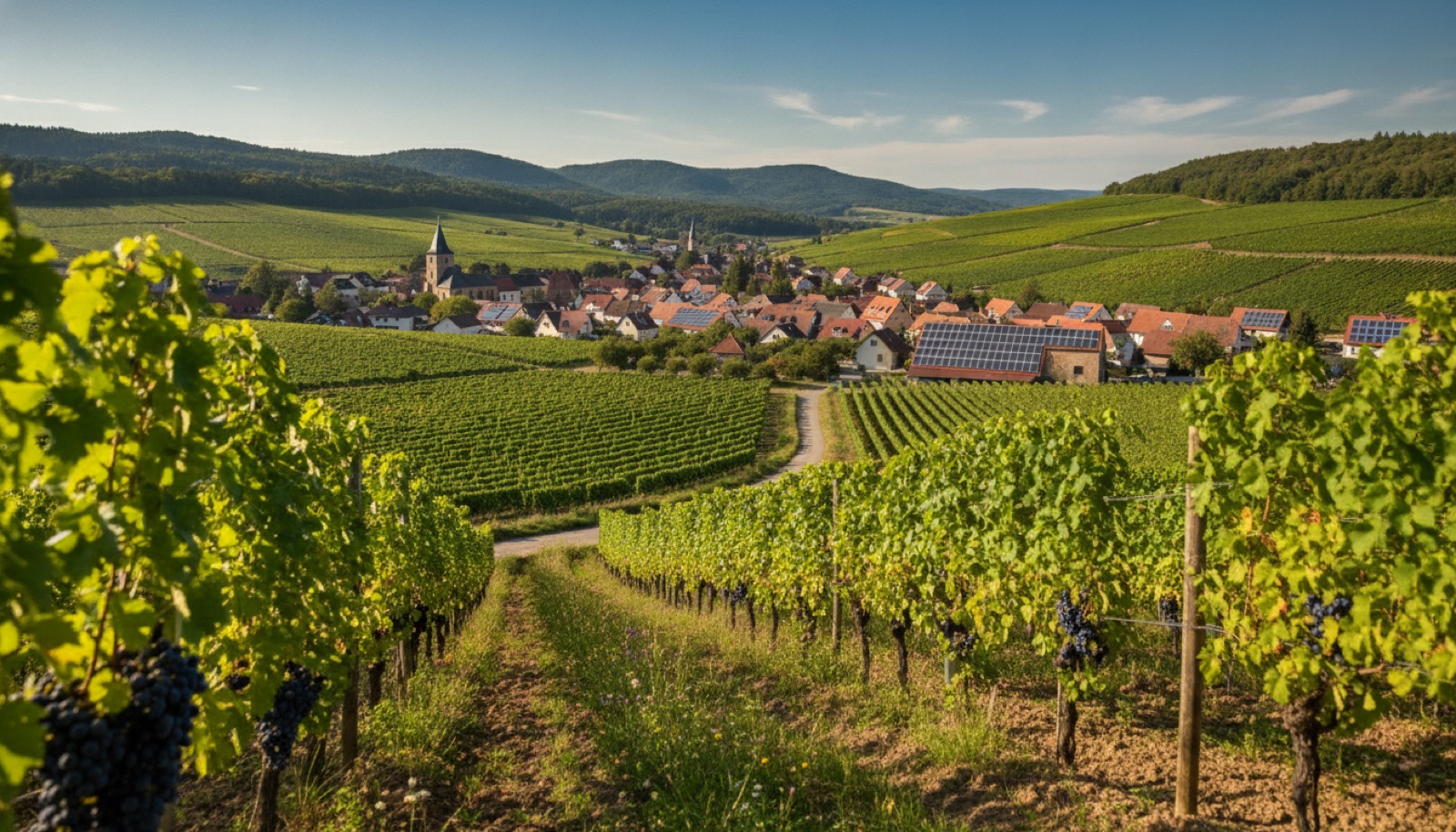 Weinberge in der Pfalz mit Dorf und Photovoltaikdächern