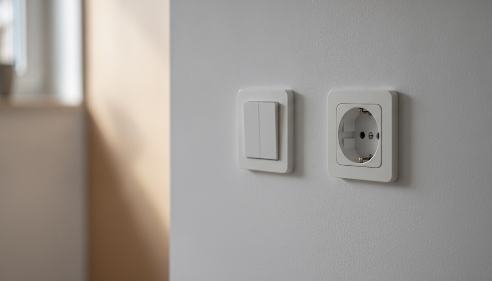Weißer Lichtschalter und Steckdose an heller Wand