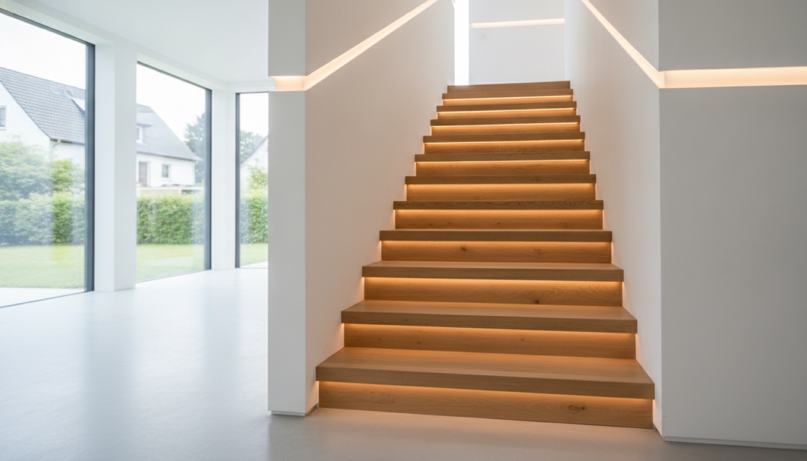 Treppe mit indirekter LED-Beleuchtung in hellem Neubau