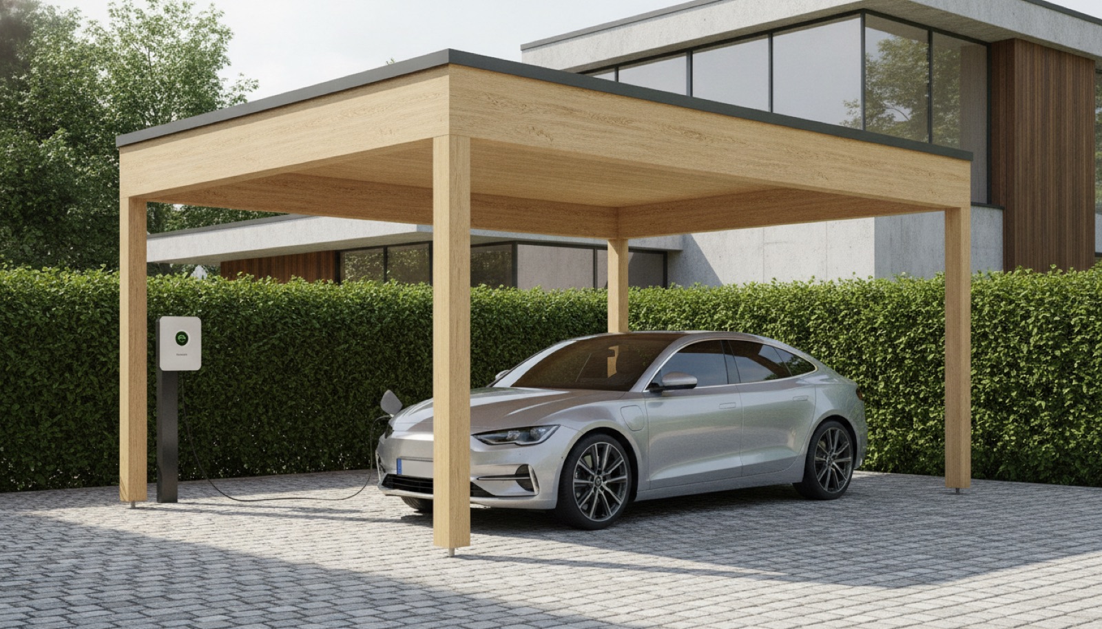 Elektroauto lädt an einer Wallbox im Holzcarport
