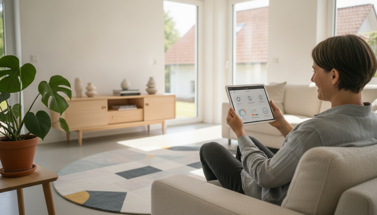 Frau steuert ihr Zuhause mit einer Smart-Home-App auf dem Tablet