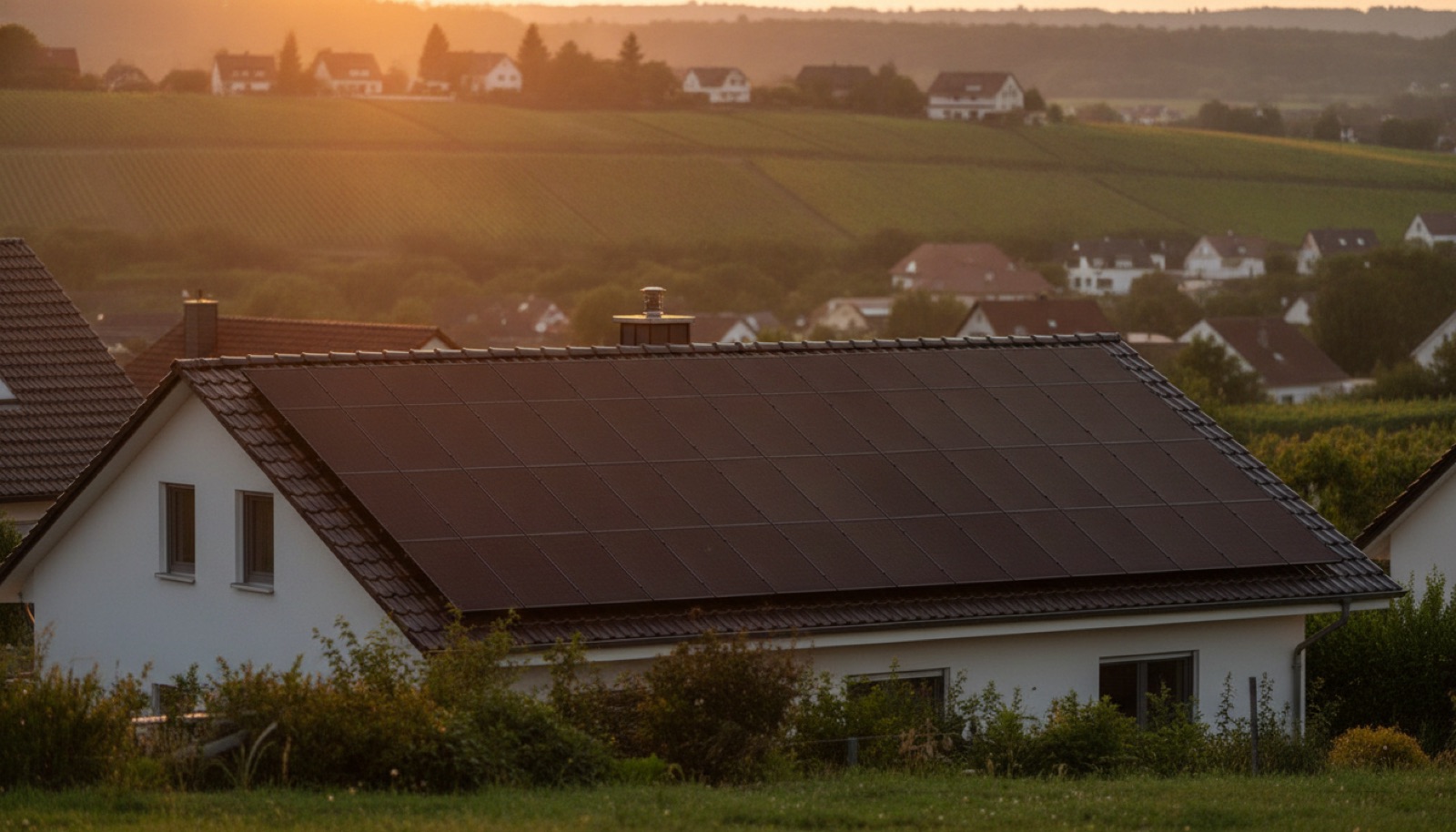 Einfamilienhaus mit Photovoltaikdach vor Weinbergen im Abendlicht